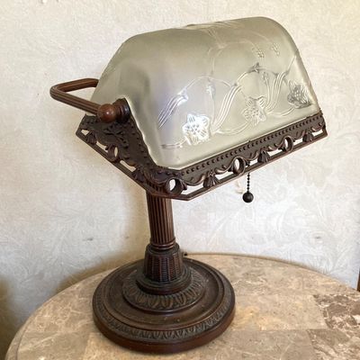LOT 70: Vintage Banker's Desk Lamp with Frosted / Etched Floral Shade