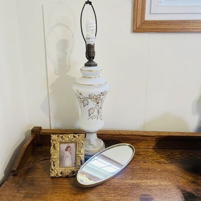 LOT 40: Vintage White Satin Glass Table Lamp with Picture and Mirror