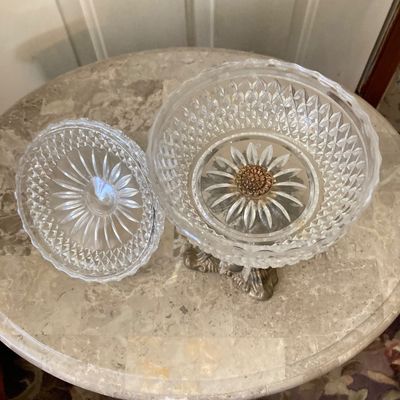 LOT 66: Wood Accent Table with Faux Marble Top, Cut Glass Pedestal Lidded Candy Dish and Decorative Lamp
