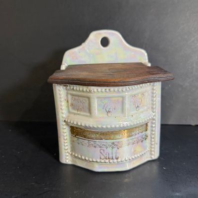 LOT 44: Vintage German Ceramic Lusterware Canisters, Spice Jars and Salt Box