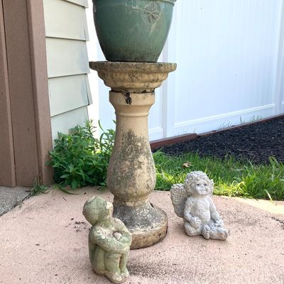 LOT 74: Concrete / Ceramic Outdoor Decor - Two Piece Pedestal / Base, Planter, Cherub and Gazing Young Boy Statues