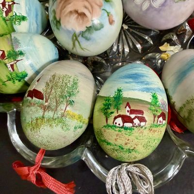 LOT 50: Collection of Hand-painted Egg Shells and Ceramic Eggs and Egg Dish