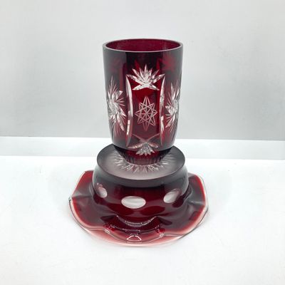 LOT 101: Beautiful Collection of Ruby / Red Cut to Clear Glass Fairy Light and Vase with Six Indiana Glass Lexington Ruby Stained Footed Cup
