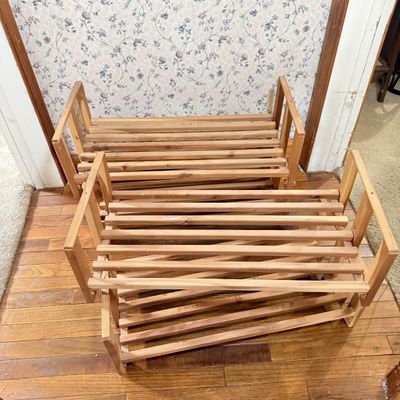 LOT 119: Set of 4 Stackable Cedar Shoe Racks and a Group of Cloth Hanger