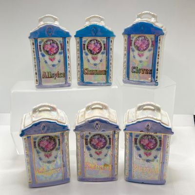 LOT 108: Six Vintage Mepoco Ware Made in Germany Lustreware Canisters / Spice Jars