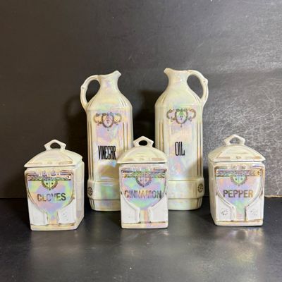LOT 43: Vintage German Lusterware Spice Jars and Czechoslovakian Oil & Vinegar Decanters
