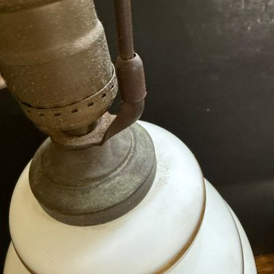 LOT 40: Vintage White Satin Glass Table Lamp with Picture and Mirror