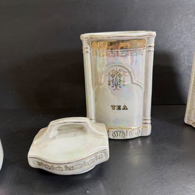 LOT 47: Vintage German Ceramic Lusterware Canisters, Spice Jars and Salt Box