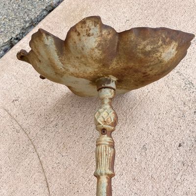 LOT 90: Vintage Garden Decor - Metal / Iron Leaf Shaped with Hummingbird Feeder and Tea Pot Garden Stake