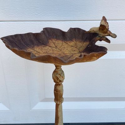 LOT 90: Vintage Garden Decor - Metal / Iron Leaf Shaped with Hummingbird Feeder and Tea Pot Garden Stake