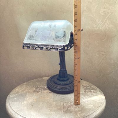 LOT 70: Vintage Banker's Desk Lamp with Frosted / Etched Floral Shade