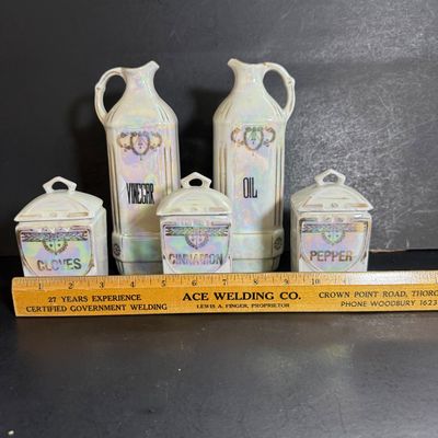 LOT 43: Vintage German Lusterware Spice Jars and Czechoslovakian Oil & Vinegar Decanters
