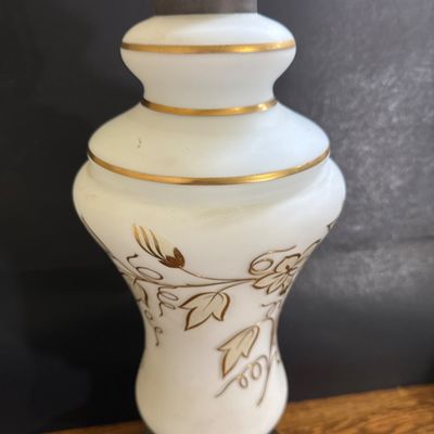 LOT 40: Vintage White Satin Glass Table Lamp with Picture and Mirror