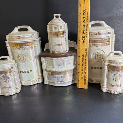 LOT 44: Vintage German Ceramic Lusterware Canisters, Spice Jars and Salt Box