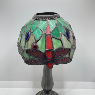 LOT 71: Stained Glass Tea Light Lamp / Light, I Godinger & Co Lidded Bowl with Cast Iron Grasshopper