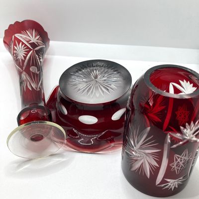 LOT 101: Beautiful Collection of Ruby / Red Cut to Clear Glass Fairy Light and Vase with Six Indiana Glass Lexington Ruby Stained Footed Cup