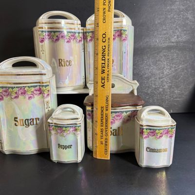 LOT 45: Vintage German Ceramic Lusterware Canisters, Spice Jars and Salt Box