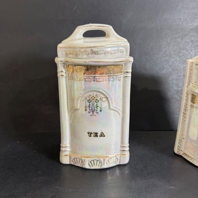 LOT 47: Vintage German Ceramic Lusterware Canisters, Spice Jars and Salt Box