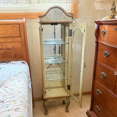 LOT 35: Hand Painted Display Wood Shelf with Mirrored Back and Glass Shelves