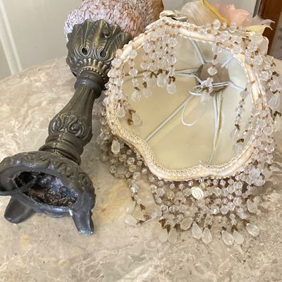 LOT 66: Wood Accent Table with Faux Marble Top, Cut Glass Pedestal Lidded Candy Dish and Decorative Lamp