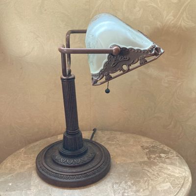 LOT 70: Vintage Banker's Desk Lamp with Frosted / Etched Floral Shade