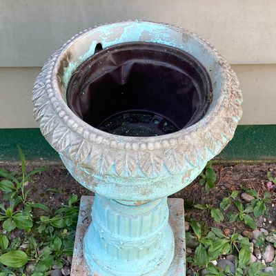 LOT 86: Outdoor / Garden Decor - Pedestal Planter / Glass Ball, Distressed Pedestal, Planter and More