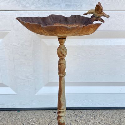 LOT 90: Vintage Garden Decor - Metal / Iron Leaf Shaped with Hummingbird Feeder and Tea Pot Garden Stake