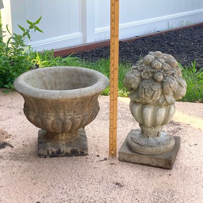 LOT 78: Concrete Garden Decor - Planter and Floral Statue