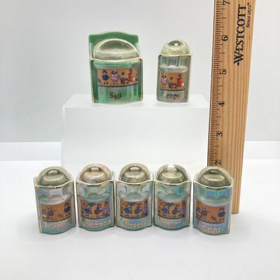 LOT 107: Vintage Collection of Lustreware Ceramic Germany Miniature Canister and Spice Jars