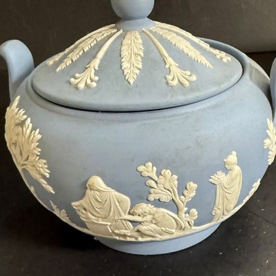 LOT 48: Wedgwood Blue Jasperware Creamer, Sugar Bowl, Trinket Box and Candle Holder