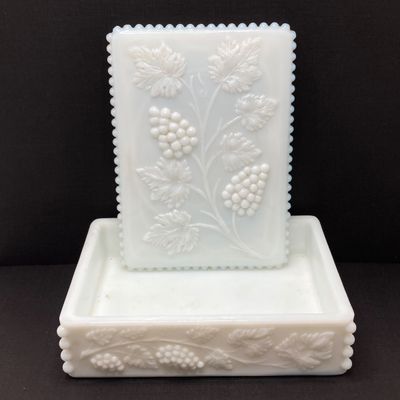 LOT 100: Three Uranium Glass Plates with Westmoreland Rectangular Milk Glass Lidded Box
