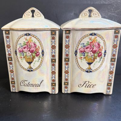 LOT 193: Collection of Czechoslovakian Lusterware Canisters and Salt Box
