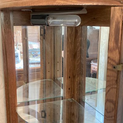 LOT 67: Small Wooden Glass Corner Curio Cabinet with Key