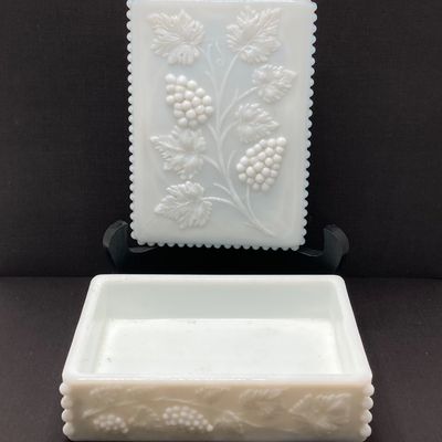 LOT 100: Three Uranium Glass Plates with Westmoreland Rectangular Milk Glass Lidded Box