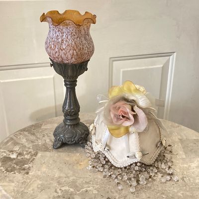 LOT 66: Wood Accent Table with Faux Marble Top, Cut Glass Pedestal Lidded Candy Dish and Decorative Lamp