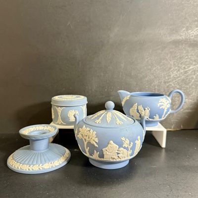 LOT 48: Wedgwood Blue Jasperware Creamer, Sugar Bowl, Trinket Box and Candle Holder