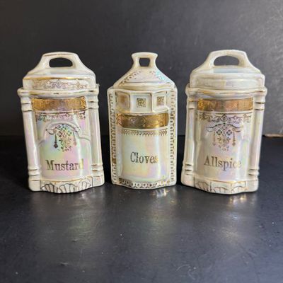 LOT 44: Vintage German Ceramic Lusterware Canisters, Spice Jars and Salt Box
