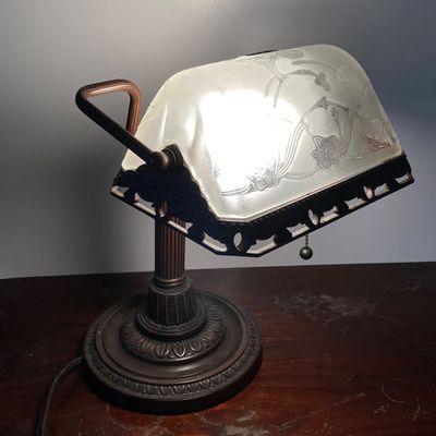 LOT 70: Vintage Banker's Desk Lamp with Frosted / Etched Floral Shade