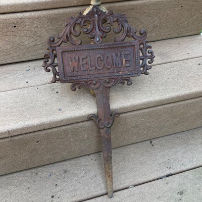 LOT 87: Cast Iron / Metal Garden Decor - Welcome Stake, Bird Feeder and Bell