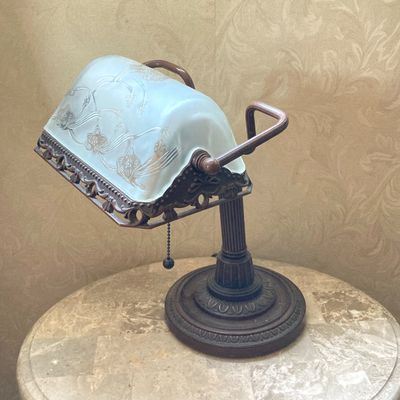 LOT 70: Vintage Banker's Desk Lamp with Frosted / Etched Floral Shade