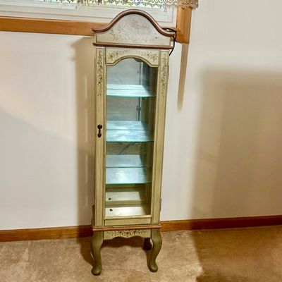 LOT 35: Hand Painted Display Wood Shelf with Mirrored Back and Glass Shelves