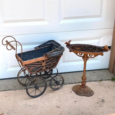 LOT 91: Vintage Garden Decor - Metal / Iron Hummingbird Feeder / Bath with Baby Coach