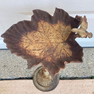 LOT 90: Vintage Garden Decor - Metal / Iron Leaf Shaped with Hummingbird Feeder and Tea Pot Garden Stake