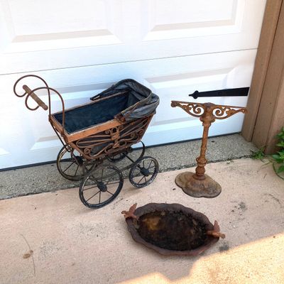 LOT 91: Vintage Garden Decor - Metal / Iron Hummingbird Feeder / Bath with Baby Coach