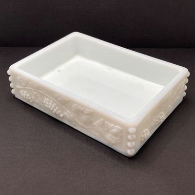 LOT 100: Three Uranium Glass Plates with Westmoreland Rectangular Milk Glass Lidded Box