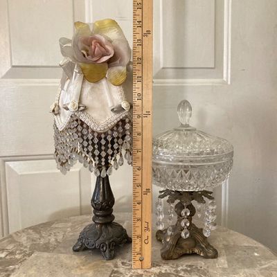 LOT 66: Wood Accent Table with Faux Marble Top, Cut Glass Pedestal Lidded Candy Dish and Decorative Lamp