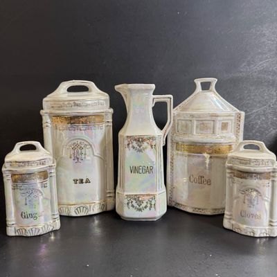 LOT 47: Vintage German Ceramic Lusterware Canisters, Spice Jars and Salt Box