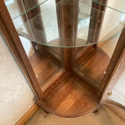 LOT 67: Small Wooden Glass Corner Curio Cabinet with Key