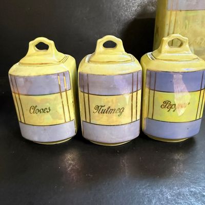 LOT 190: Vintage Czechoslovakian Lusterware Canister, Spice Jars and Decanters