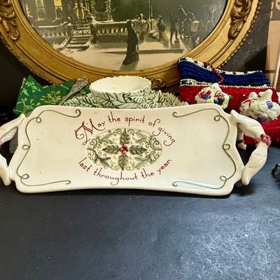 LOT 200: Framed Vintage Winter Scene, Holiday Serving Bowl and Tray, Shakers and More